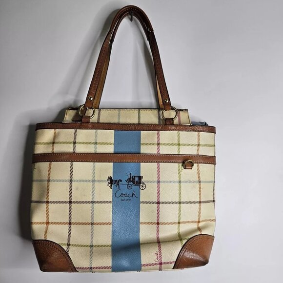 Coach Handbags - VTG Classic Coach Heritage Tatterall Plaid Bag Tote Blue Stripe #D0868-12561